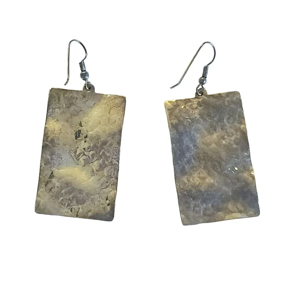 Vitage Solid 925 Sterling Silver Hammered Rectangle Hook Earrings